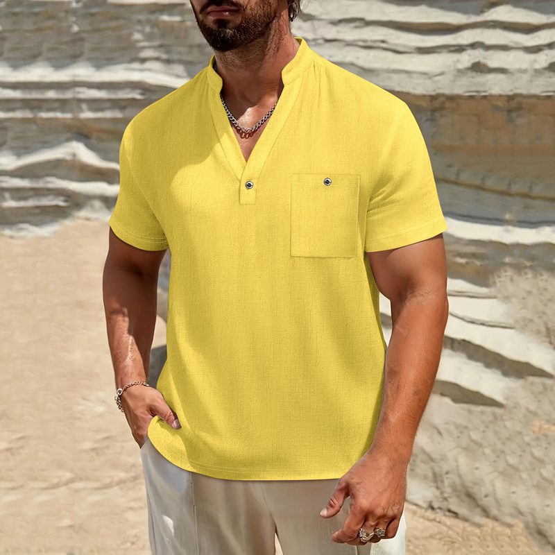 Linen Shirt Breathable - Herren Baumwoll-Leinen Henley-Shirt Kurzarm Bandkragen Knopfleiste