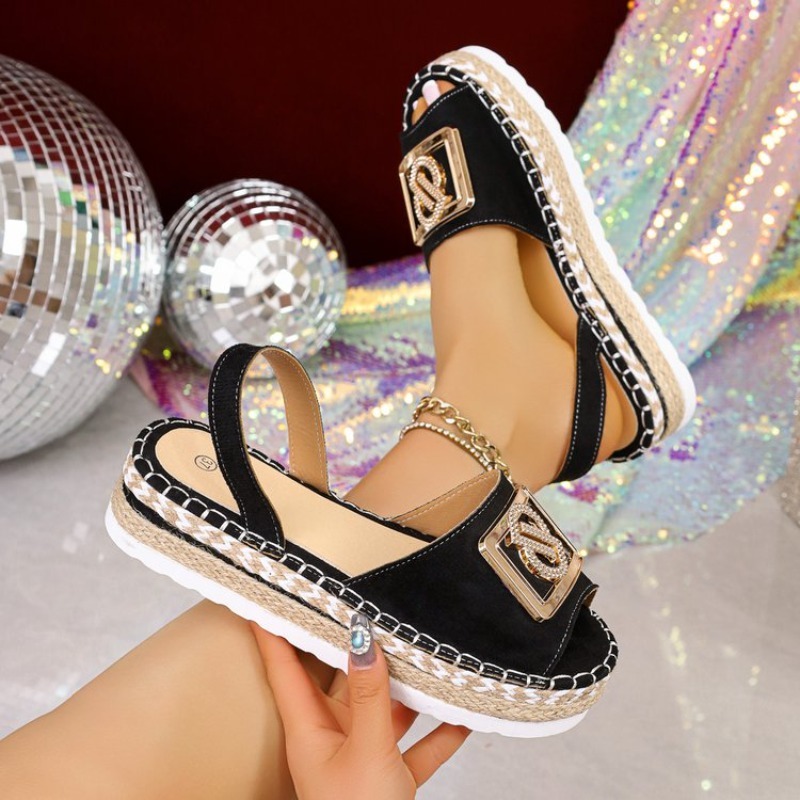 Espadrille Slip On - Damen-Plateau-Espadrille-Sandalen mit Strass-Metallschnalle, offener Zehenpartie, Slingback,