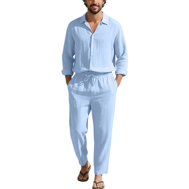 Linen Shirt Breathable - Frühling Sommer Leinen Freizeitsets Lose Strand-Langarmhemden+Lange